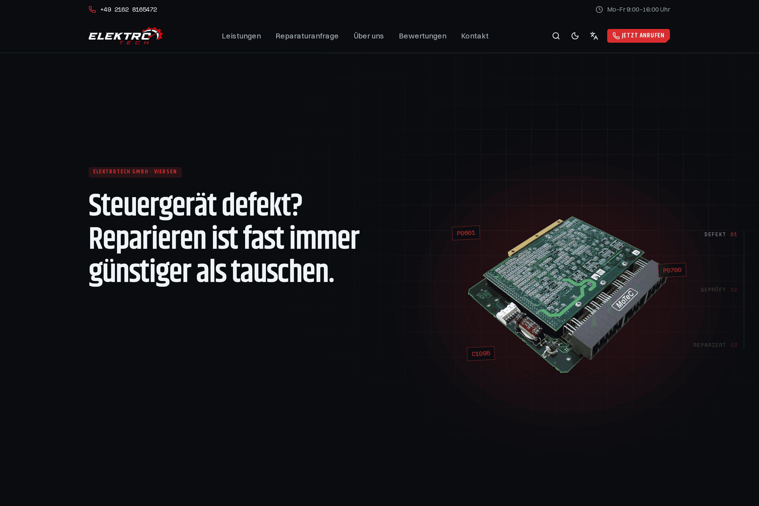 The Elektro Tech homepage: a dark hero reading 'Steuergerät defekt? Reparieren ist fast immer günstiger als tauschen.' next to a control unit circuit board.